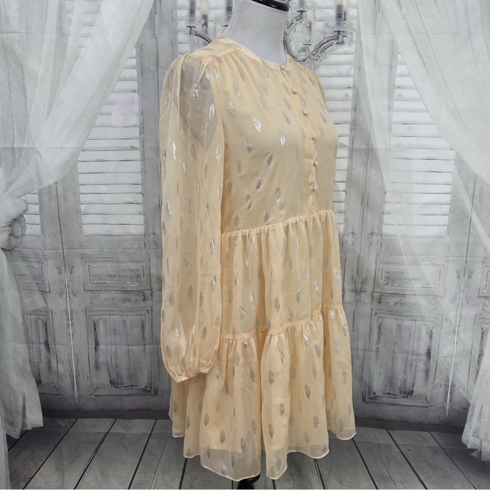 A Loves A Peach Silver Button Babydoll Mini Dress Long Sleeve NWT size Large - Picture 7 of 12